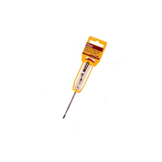 A single-pole voltage tester with a full insulated blade and a neon lamp, packaged in a yellow and black casing.