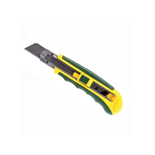 A snap-off cutter with a green and yellow handle and a metallic blade.