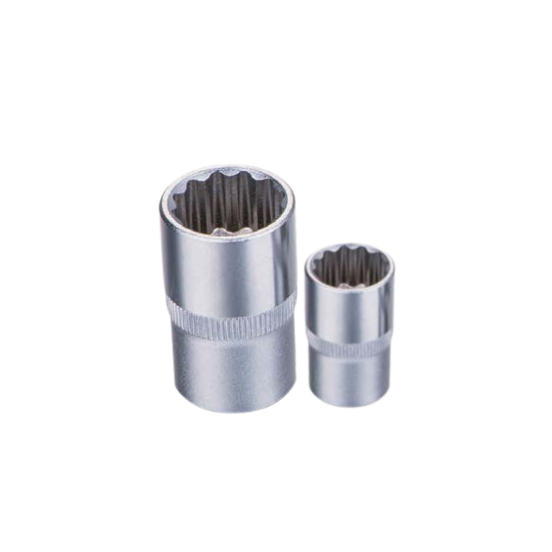 A set of two chrome-plated, Cr-V steel sockets with a mirror finish.