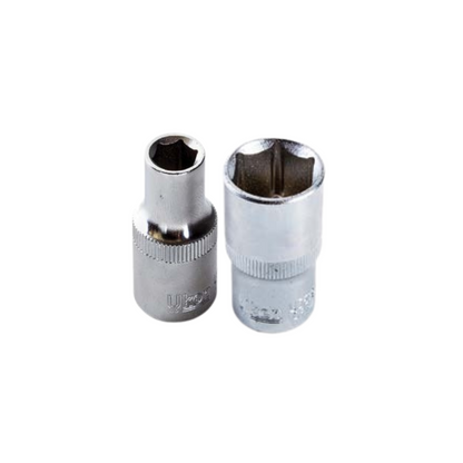 A set of chrome-plated, mirror-finished sockets with a six-point design, intended for use with a 1/2 inch drive tool.