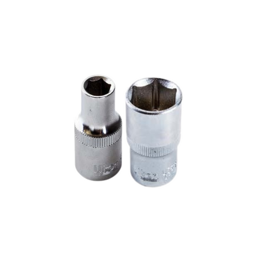 A set of chrome-plated, mirror-finished sockets with a six-point design, intended for use with a 1/2 inch drive tool.