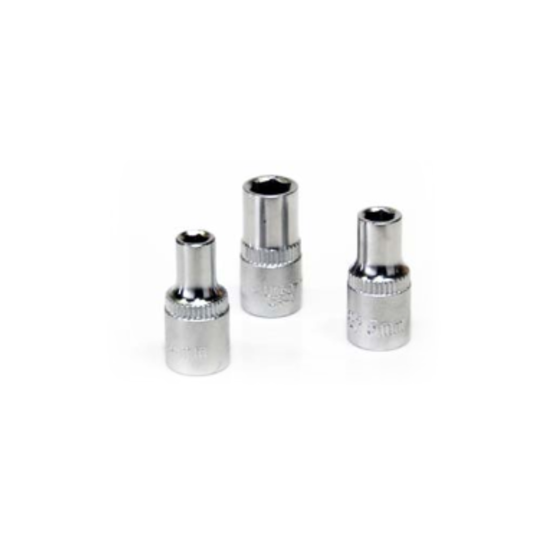 A set of three chrome-plated steel pipe connectors with a mirror finish.