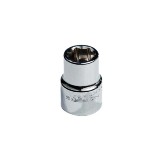 A chrome-plated, 12-point socket tool with a mirror finish.