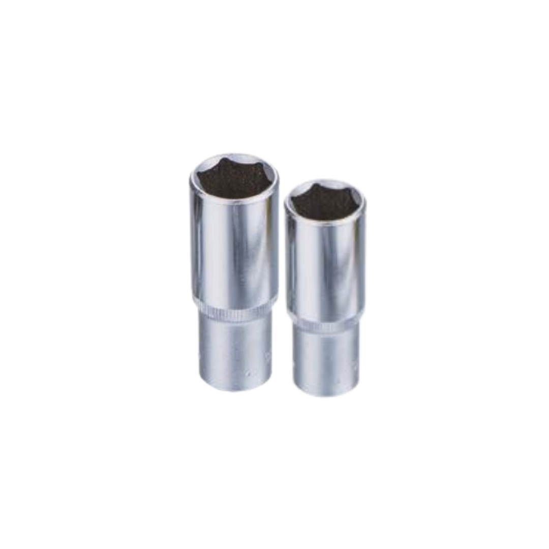 A set of chrome-plated, mirror-finished socket tools with a six-point design.