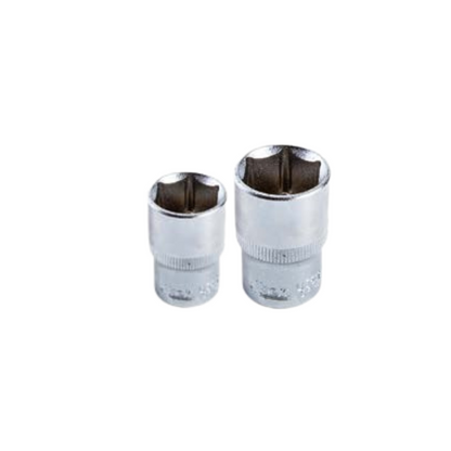 A set of two chrome-plated, mirror-finished, 6-point sockets designed for 3/8 inch drive tools.