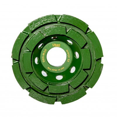 Green diamond grinding wheel with 'Ukon' branding on a white background
