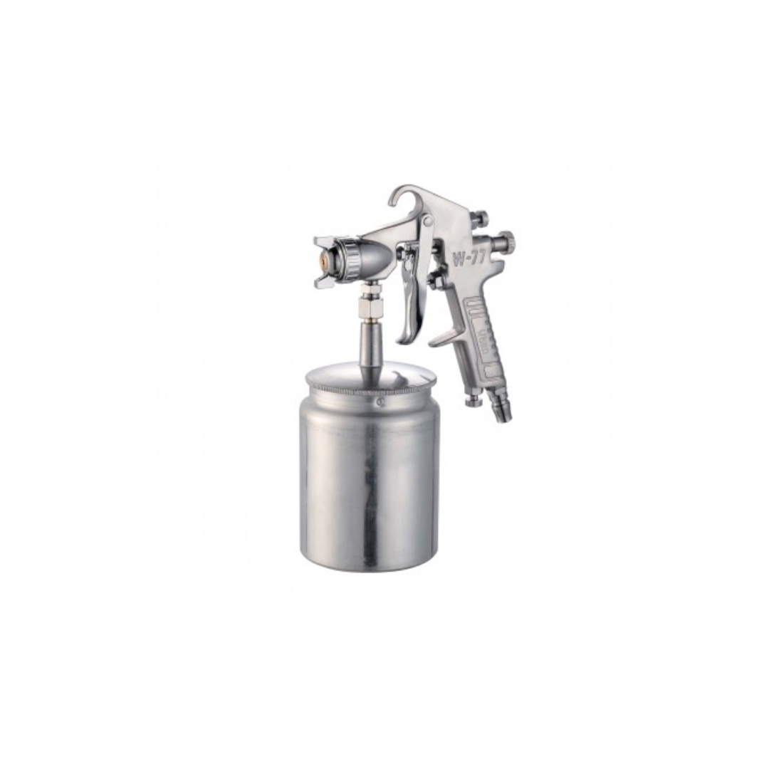 A silver spray gun with a bottom tank designed for surface painting, featuring adjustable fluid pattern and air controls.