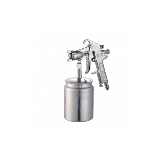A silver spray gun with a bottom tank designed for surface painting, featuring adjustable fluid pattern and air controls.
