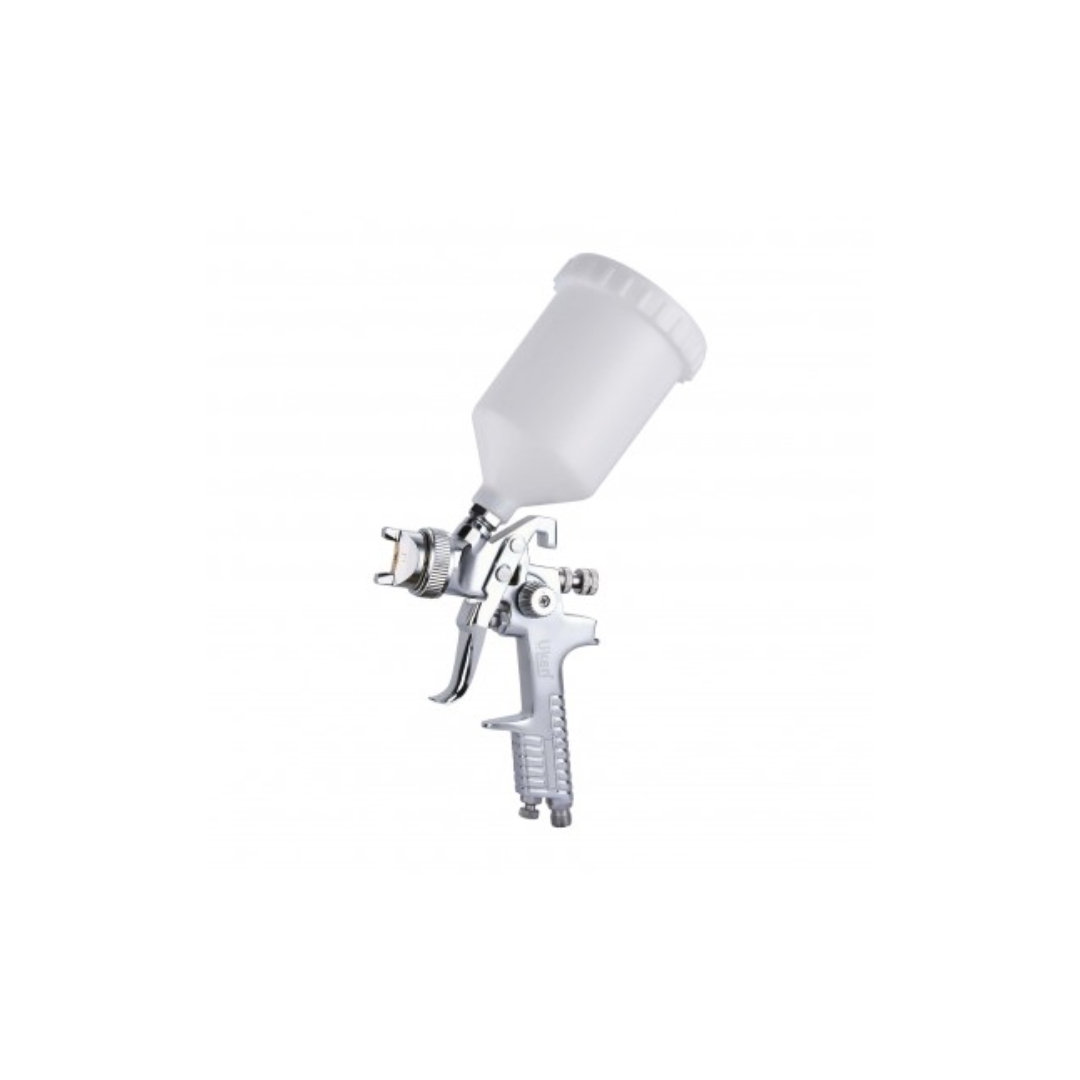 A white spray gun with a top tank designed for surface painting, featuring adjustable fluid pattern and air controls, a stainless steel needle and nozzle, and an ergonomic design.