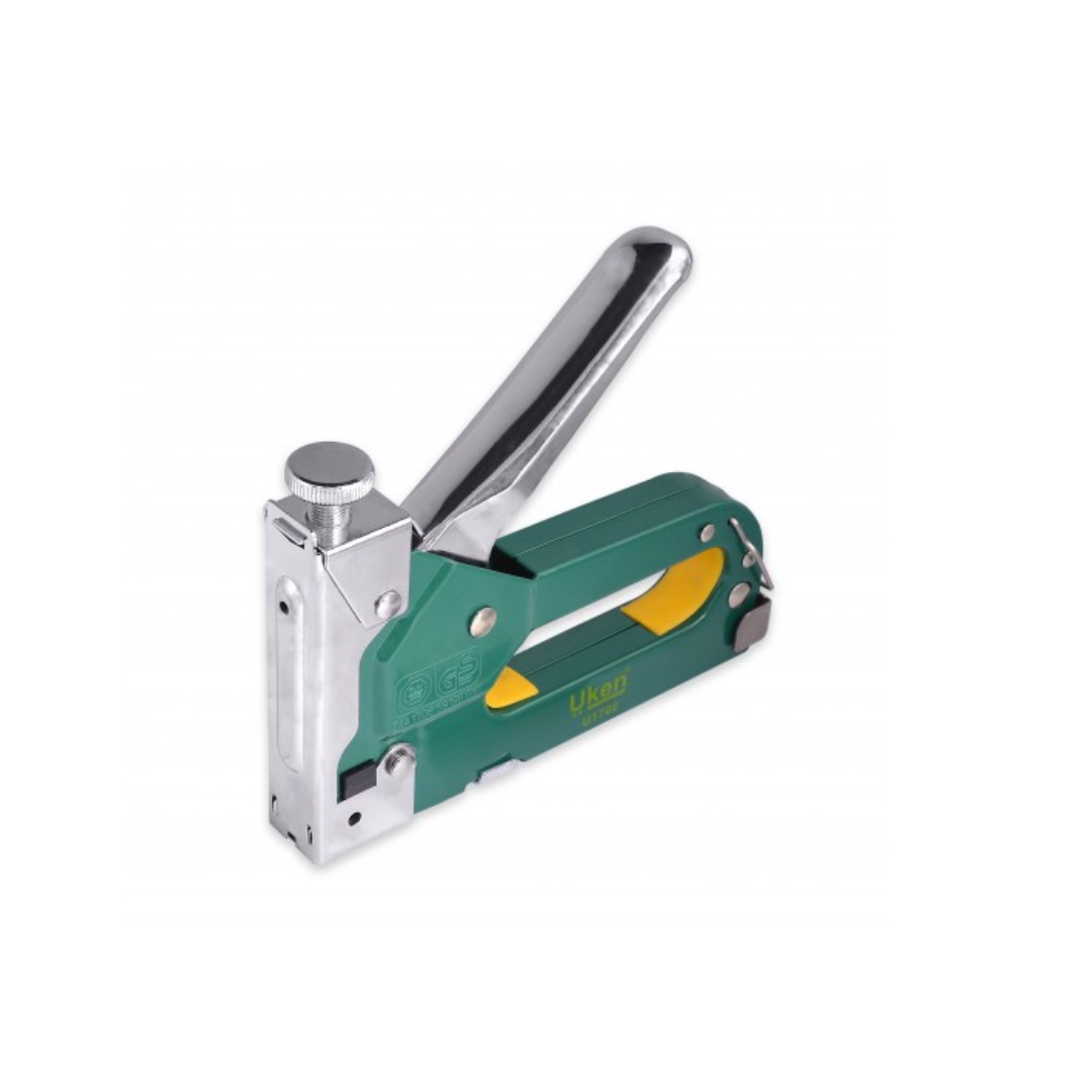 An adjustable metal staple gun with a green and silver color scheme and a black handle.