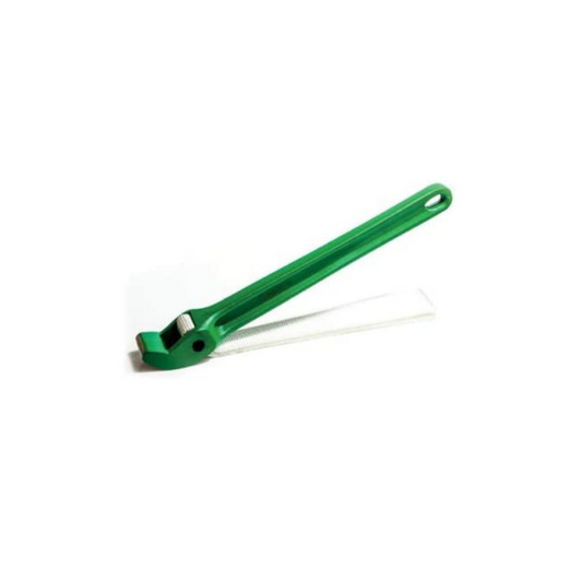 A green strap wrench with an aluminium handle and a strong woolen nylon strap