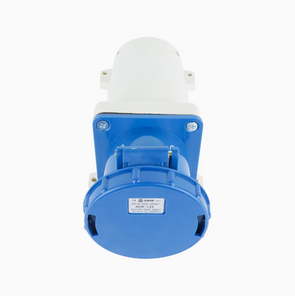 Blue and white mechanical component on a white background