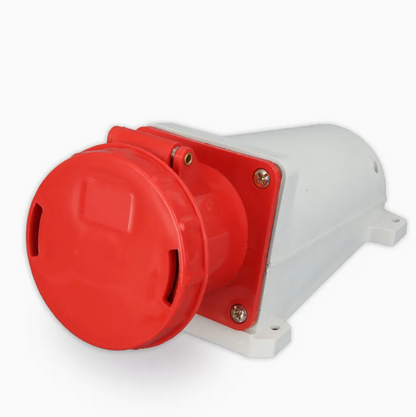 Red and white electrical junction box on a white background