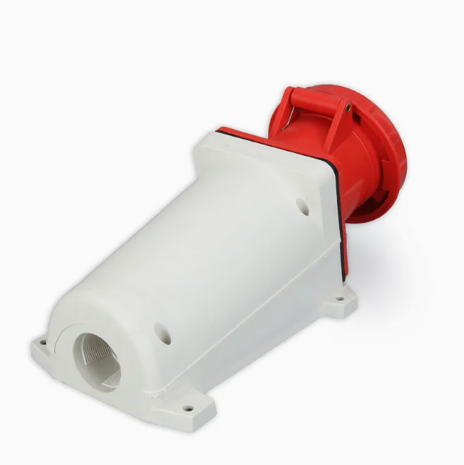 White and red electrical connector on a white background