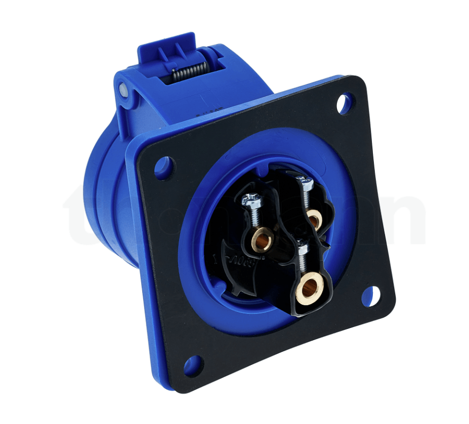 Blue and black electrical plug/socket on a white background