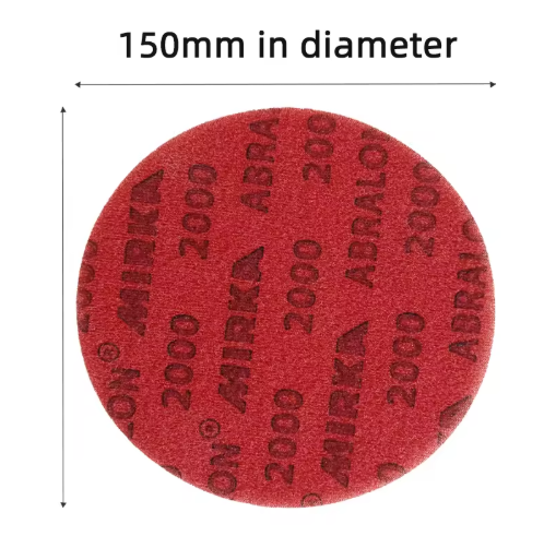 Red sanding disc with 'Mirka' branding and grit numbers, labeled '150mm in diameter'.