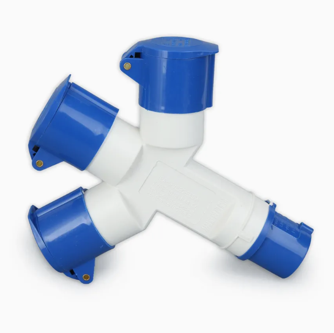 White and blue Y-shaped plumbing connector on a white background