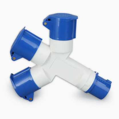 White and blue Y-shaped plumbing connector on a white background