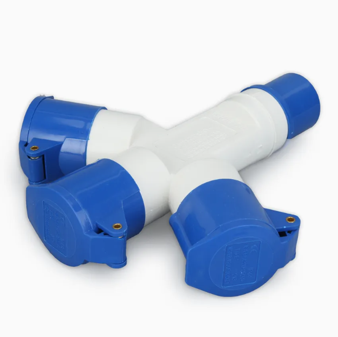 Blue and white plastic fitting on a white background