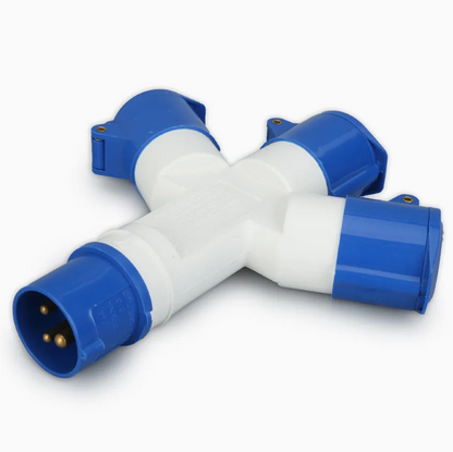 Blue and white Y-shaped connector on a white background
