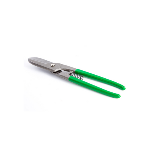 A pair of green-handled tin snips with steel blades on a white background.