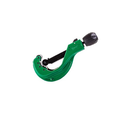 A green handheld tube cutter with black accents designed for cutting pipes and tubes.