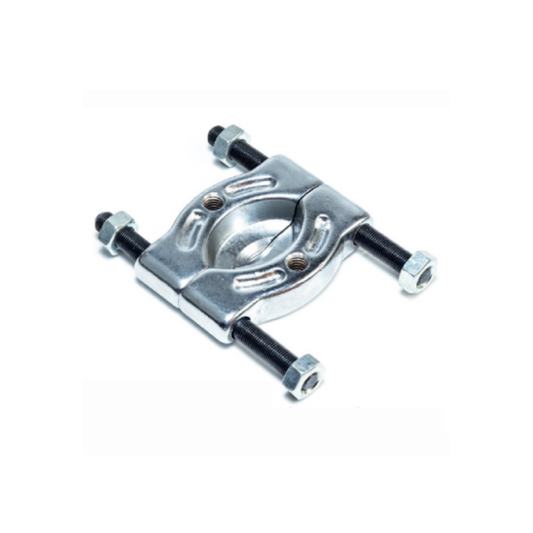 A silver metal bearing separator tool with multiple bolts.
