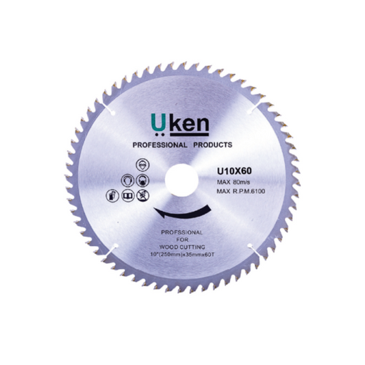 A circular saw blade with silver color and Uken brand marking, designed for wood cutting.