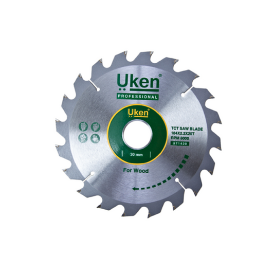 A circular saw blade with silver color and black detailing, branded with the name 'Uken' and marked as 'Professional' for wood cutting.