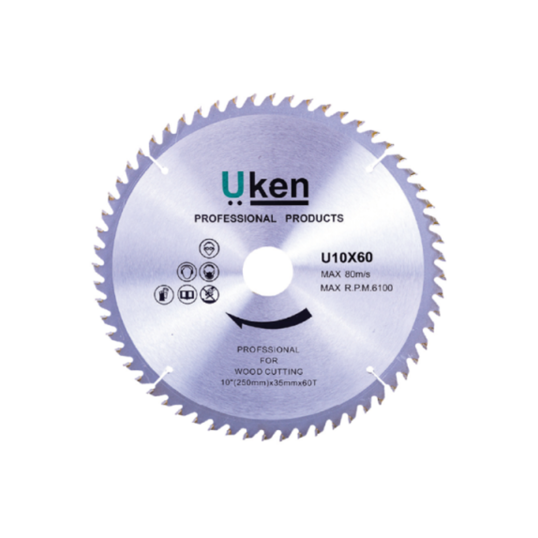 A circular saw blade with teeth, marked with 'UKEM' and 'Professional Products', designed for wood cutting.