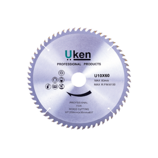 A circular saw blade with teeth, marked with 'UKEM' and 'Professional Products', designed for wood cutting.