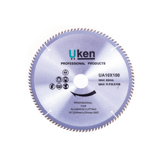 A circular saw blade with silver color and the Uken brand logo, designed for aluminum cutting.