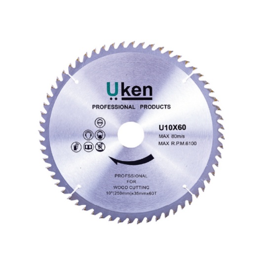 A circular saw blade with teeth, marked with 'UKEM' and 'Professional Products' labels, primarily for cutting soft woods.