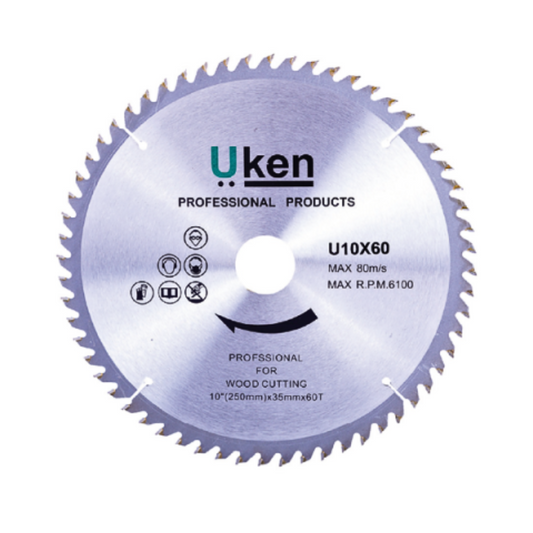 A circular saw blade with teeth, marked with 'UKEM' and 'Professional Products' for wood cutting.
