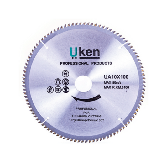 A silver-colored circular saw blade with precision ground teeth, marked with the brand Uken and specifications