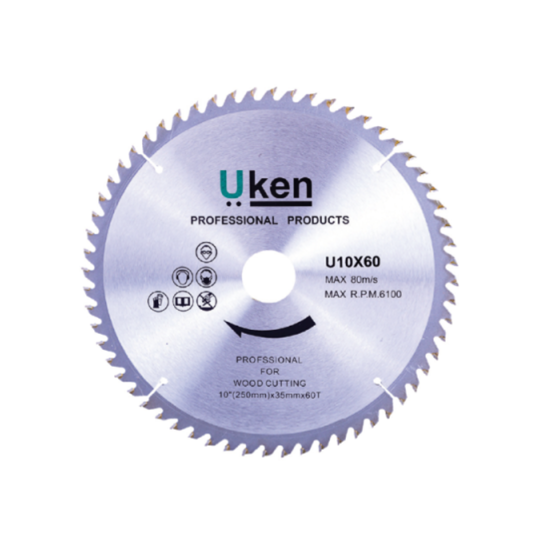 A circular saw blade with teeth, marked with 'UKEM' and 'Professional Products' labels, indicating suitability for professional use.