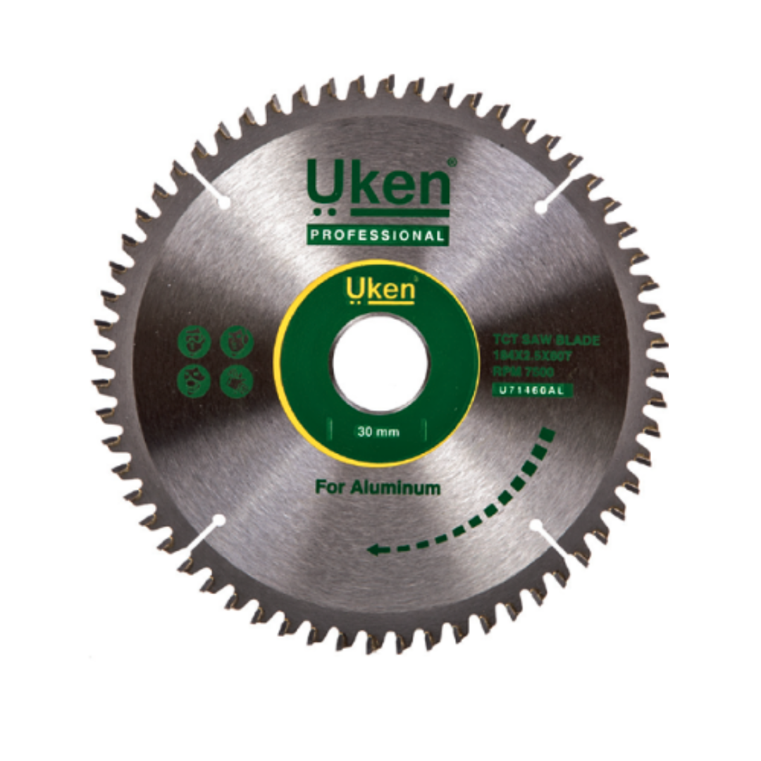 A circular saw blade with teeth designed for cutting aluminum, labeled 'UKEN PROFESSIONAL' and indicating a 30-minute blade change time.