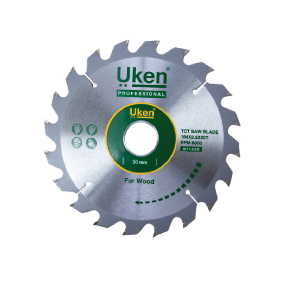 A circular saw blade with silver color and sharp teeth, branded with the name Uken, intended for cutting wood.