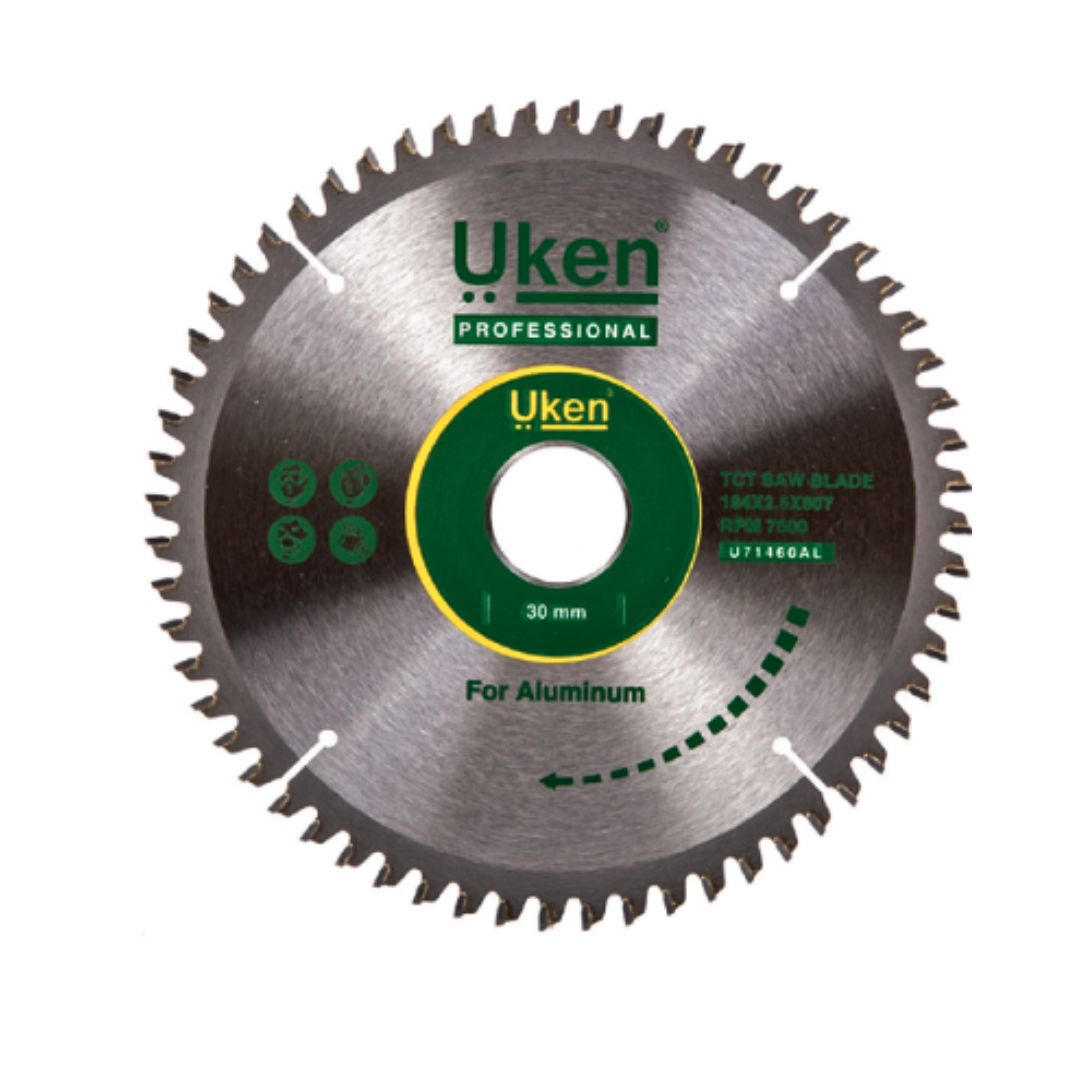 A circular saw blade with silver color and green label that reads 'Uken Professional' and 'For Aluminum'.