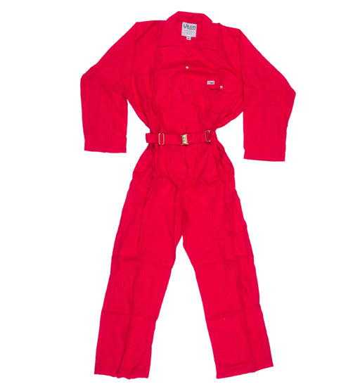 Red jumpsuit with a belt on a white background