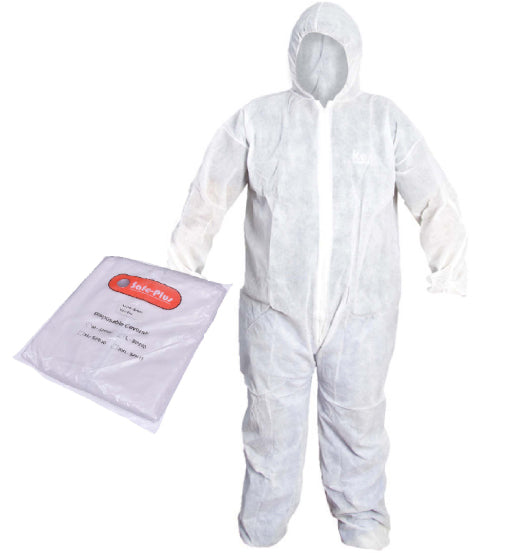 White protective coverall with a hood and a bag labeled 'Fibre-Fast' on a white background