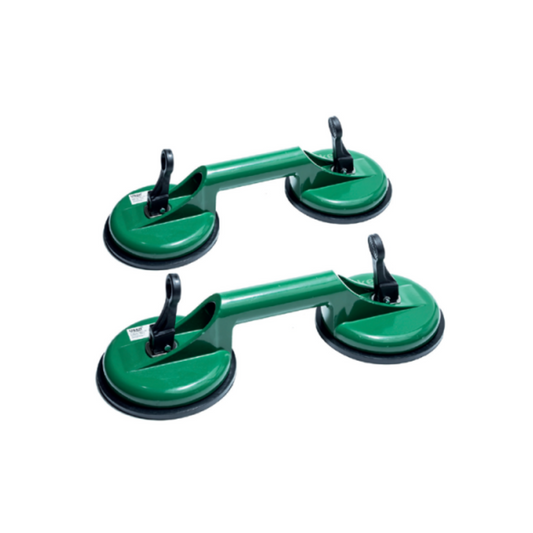 Two green glass holders with black clamping levers and rubber suction cups