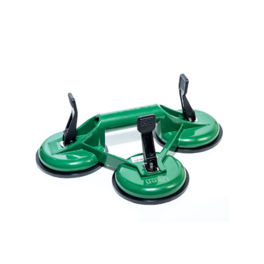 A green glass holder with three suction cups and a black clamping lever, designed for lifting heavy loads.