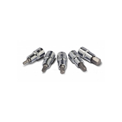 A set of metal hex bit sockets of various sizes displayed against a white background.
