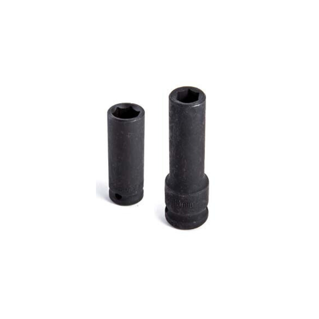 Two black impact deep sockets of different sizes placed side by side on a light background.