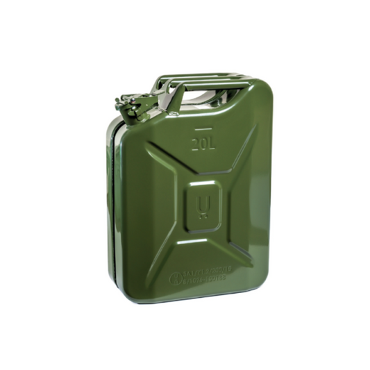 A green Uken 20-liter portable fuel can with a metal cap and carry handle.