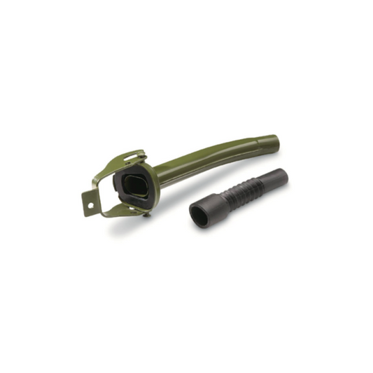 A green metal jerry can spout tube with a black rubber tip, isolated on a white background.
