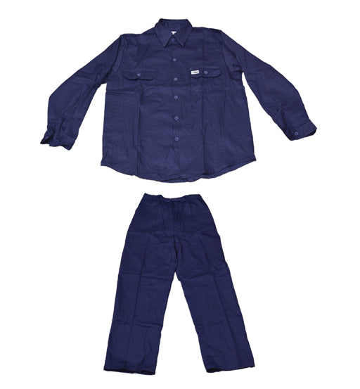 Navy blue work shirt and pants set on a white background