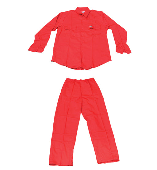 Red work shirt and pants set on a white background
