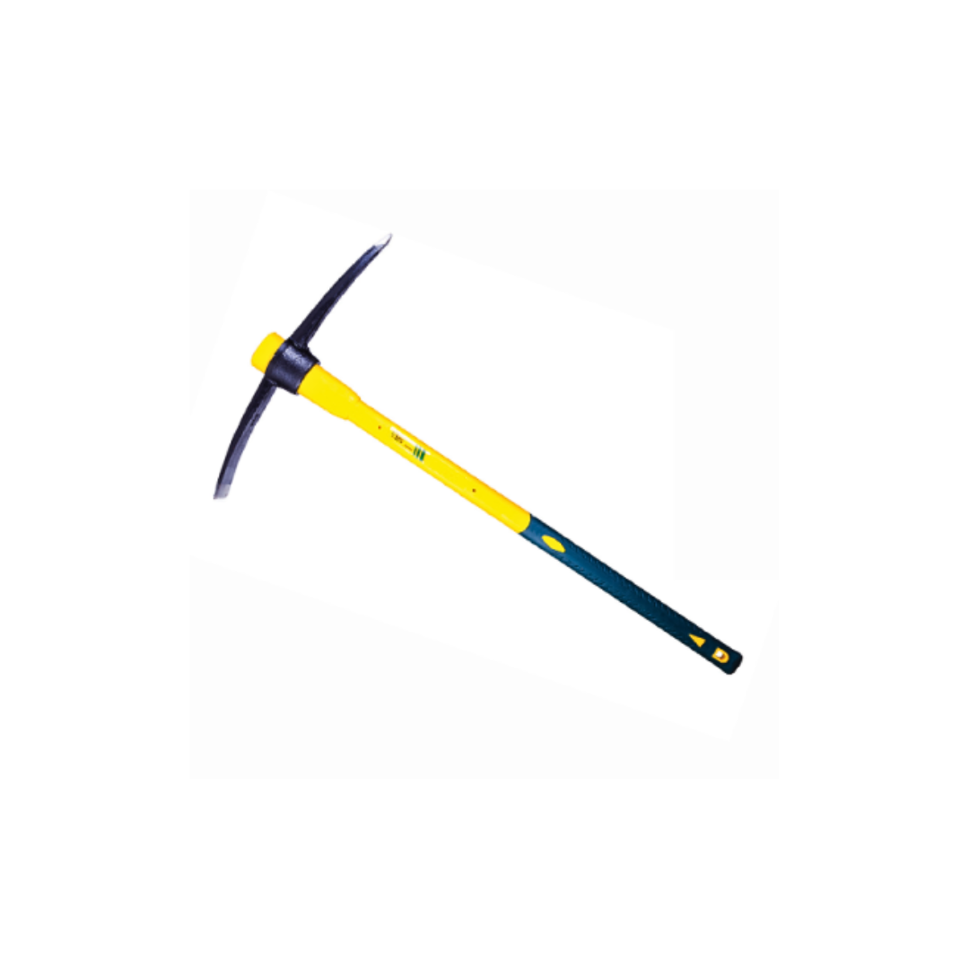 A pick axe with a yellow and black fiber handle.